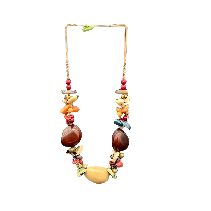 Non-adjustable necklace. Length 12"-13". The Killari necklace features 3 whole tagua nuts surrounded by small chunky pieces of tagua in complimentary colors