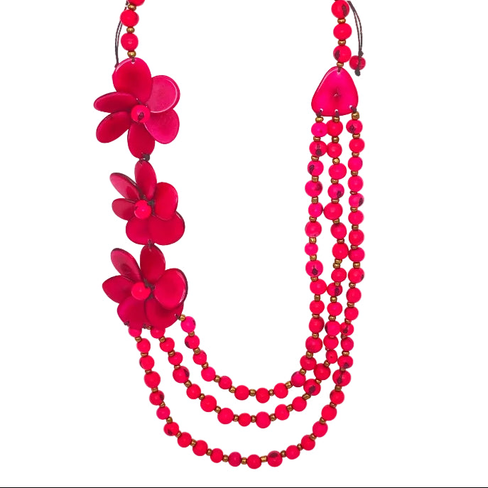 Necklace with pink floral beads on a white background