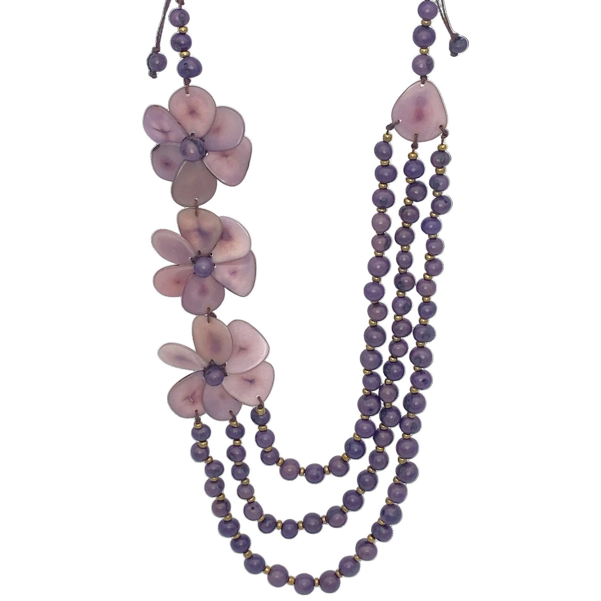 Necklace with purple beads and pink flower-shaped pendants on a white background