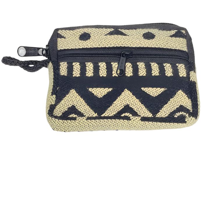 Change  purse with 2 zippered compartments, one big enough for credit cards, one for
 money, all woven cloth with indigenous design.