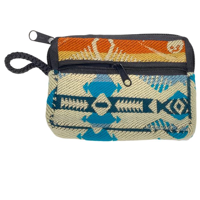Change  purse with 2 zippered compartments, one big enough for credit cards, one for
 money, all woven cloth with indigenous design.