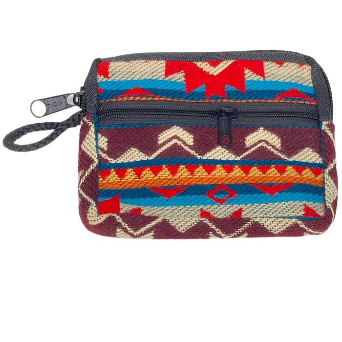 Change  purse with 2 zippered compartments, one big enough for credit cards, one for
 money, all woven cloth with indigenous design.
