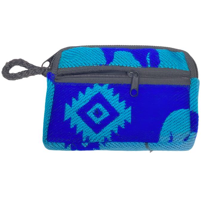 Change  purse with 2 zippered compartments, one big enough for credit cards, one for
 money, all woven cloth with indigenous design.