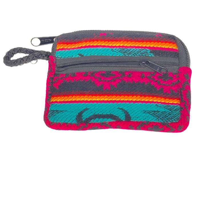 Change  purse with 2 zippered compartments, one big enough for credit cards, one for
 money, all woven cloth with indigenous design.