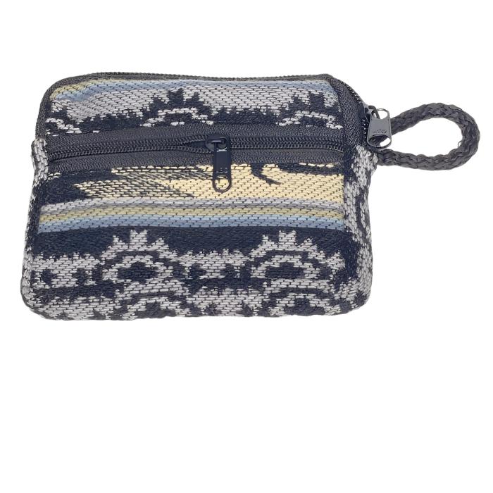 Change  purse with 2 zippered compartments, one big enough for credit cards, one for
 money, all woven cloth with indigenous design.
