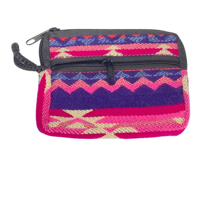 Change  purse with 2 zippered compartments, one big enough for credit cards, one for
 money, all woven cloth with indigenous design.