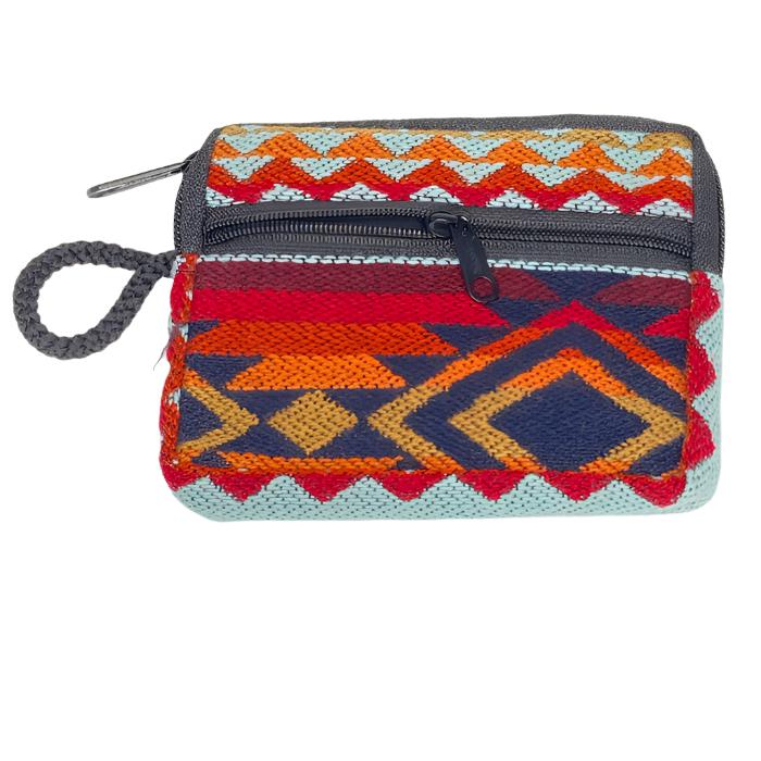 Change  purse with 2 zippered compartments, one big enough for credit cards, one for
 money, all woven cloth with indigenous design.