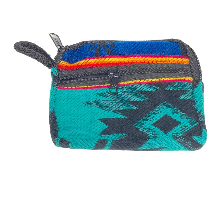 Change  purse with 2 zippered compartments, one big enough for credit cards, one for
 money, all woven cloth with indigenous design.
