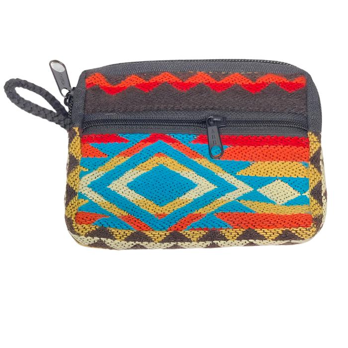 Change  purse with 2 zippered compartments, one big enough for credit cards, one for
 money, all woven cloth with indigenous design.