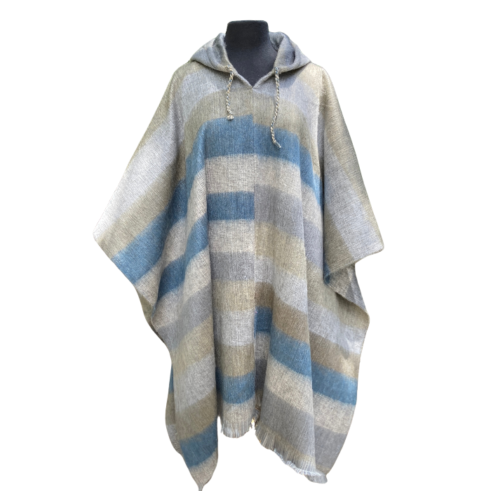 Unisex alpaca poncho with hood in stripes of cream, browns, blue and grey