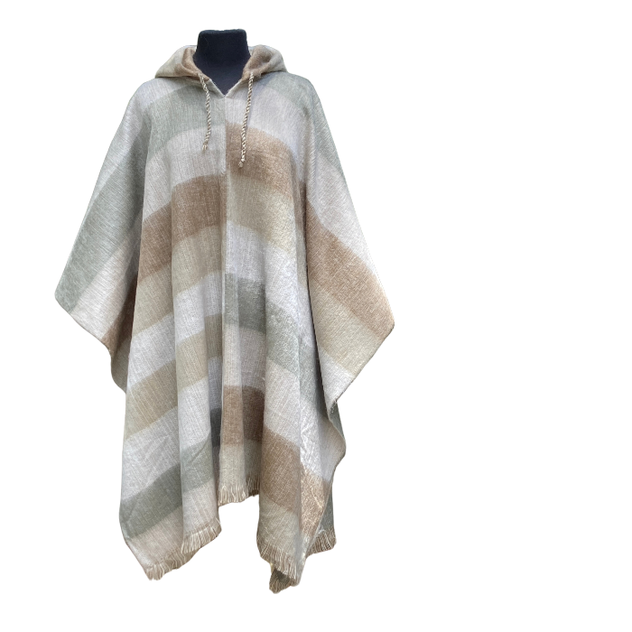 Unisex alpaca poncho with hood in stripes of cream, browns, and grey