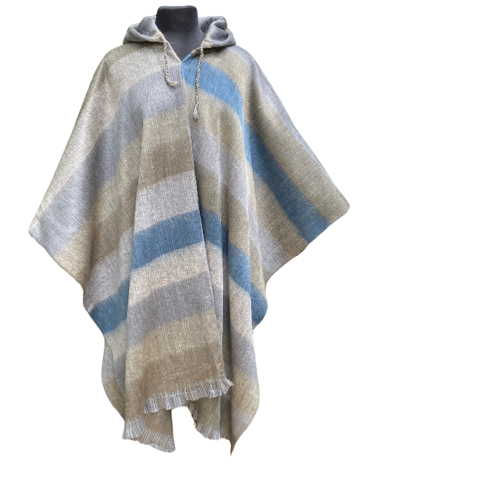 Unisex alpaca poncho with hood in stripes of cream, browns, blue and grey