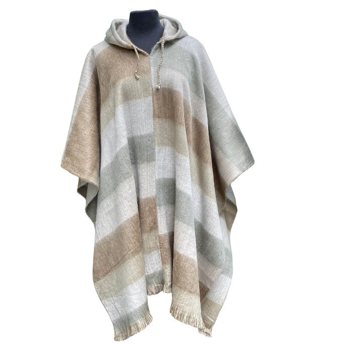 Unisex alpaca poncho with hood in stripes of cream, browns, and grey 