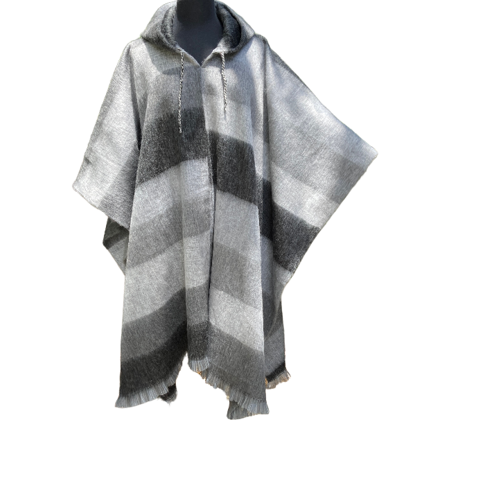 Unisex alpaca poncho with hood in stripes of light and dark grey