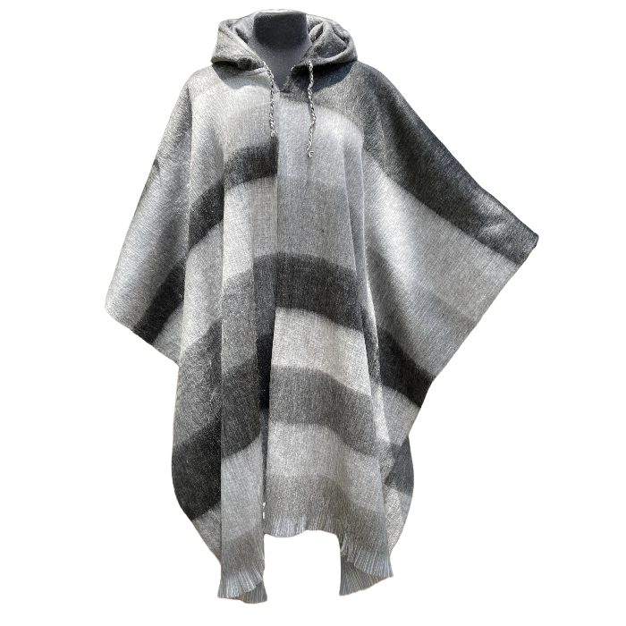 Unisex alpaca poncho with hood in stripes of light and dark grey