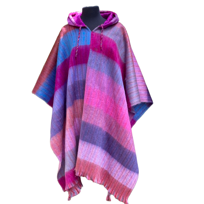 Unisex alpaca poncho with hood in stripes of pink and blue