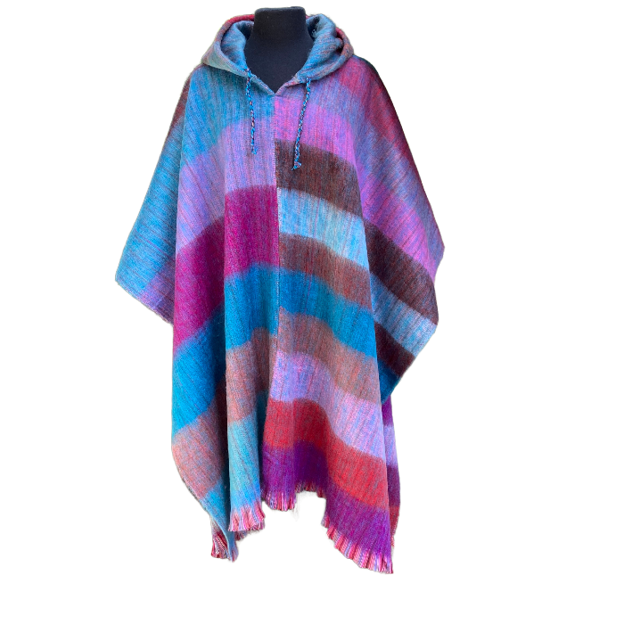 Unisex alpaca poncho with hood in stripes  of pink and blue