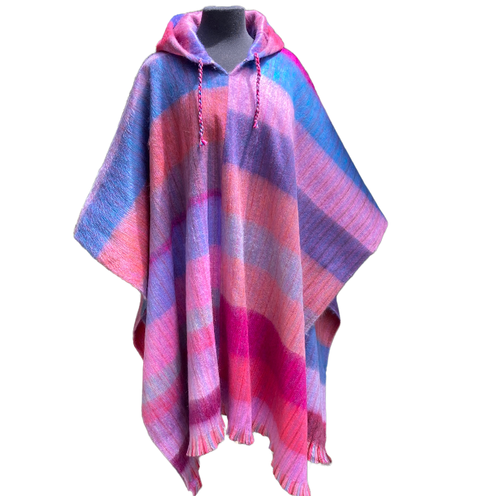 Unisex alpaca poncho with hood in stripes of pink and blue