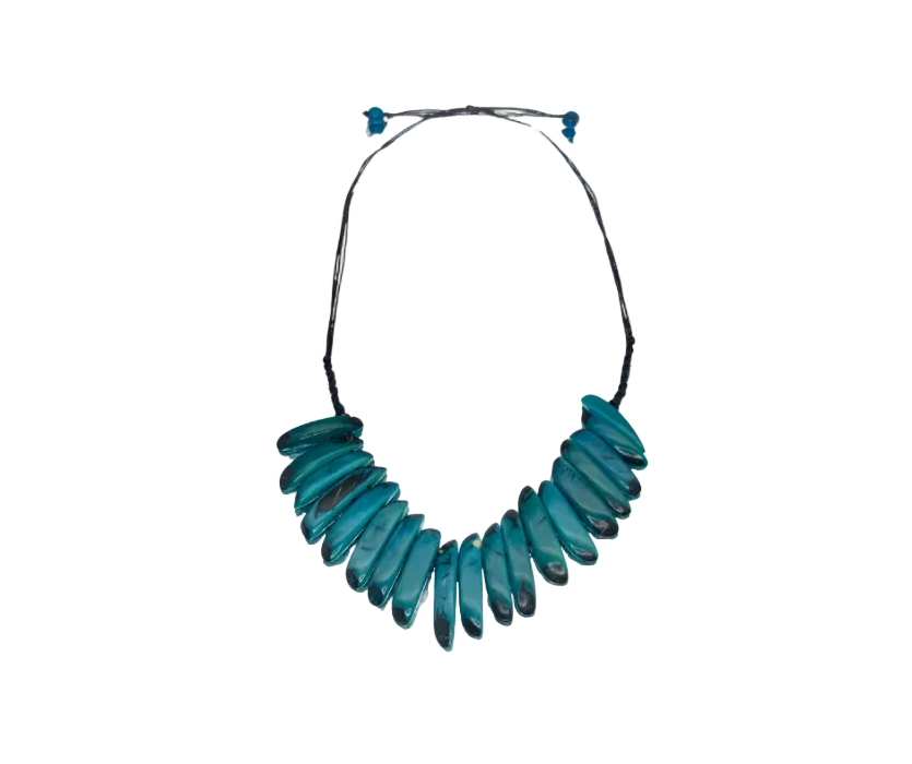 Blue beaded necklace on a white background